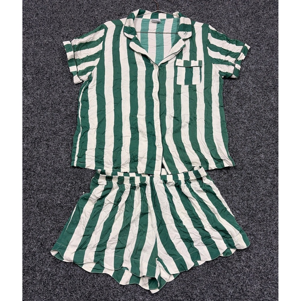 NIGHTRE Pajama Set Womens L Green White Striped Organic Bamboo Sleepwear Lounge